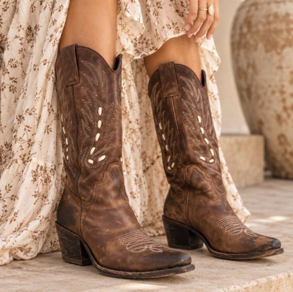 Jeffrey Campbell Brown Leather Western Cowboy Boots Mid Calf 9